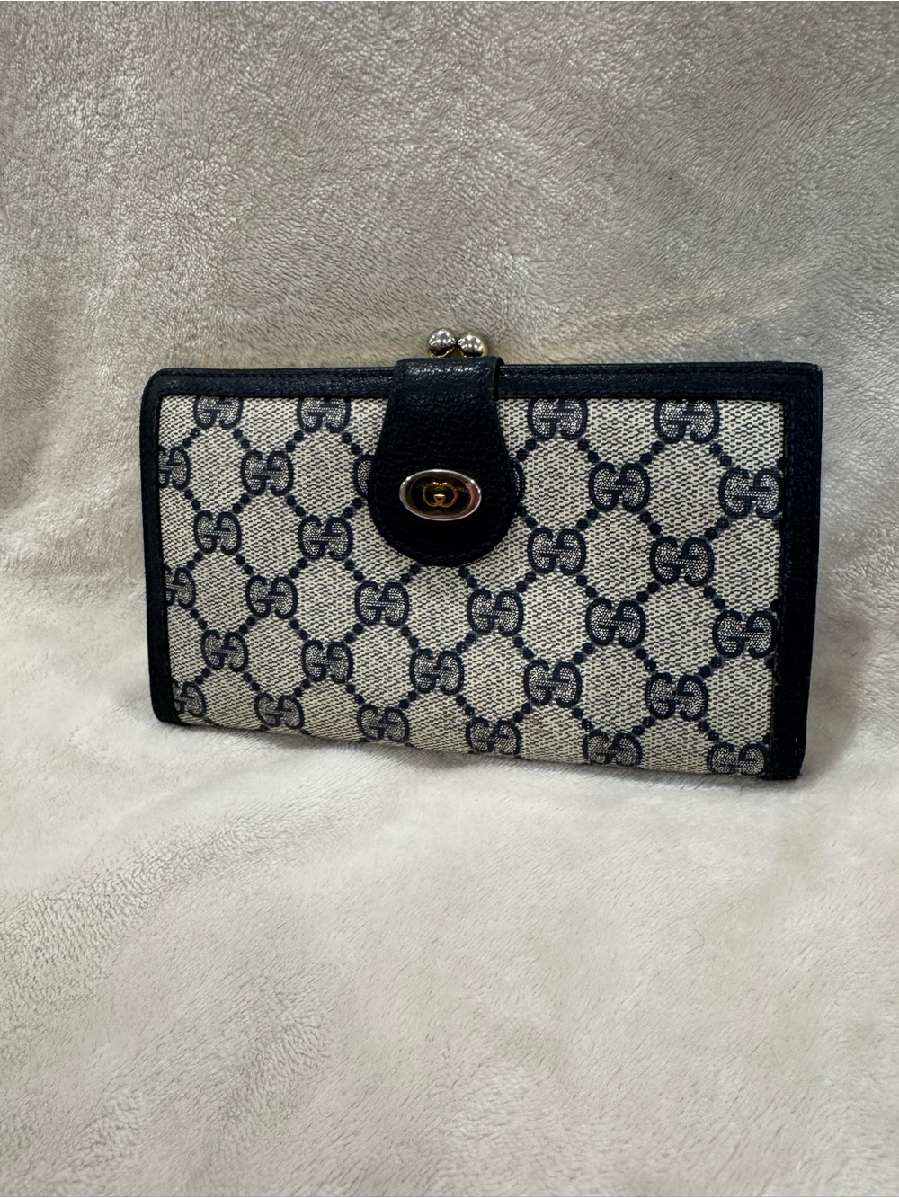 Gucci Navy Trim Beige GG Canvas Continental Wallet